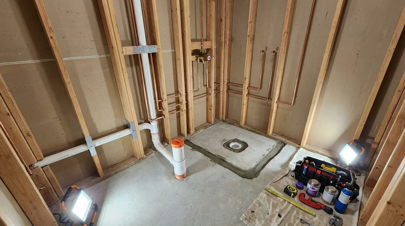 Bathroom rough-in plumbing during remodel by Johns Plumbing LLC in Lafayette