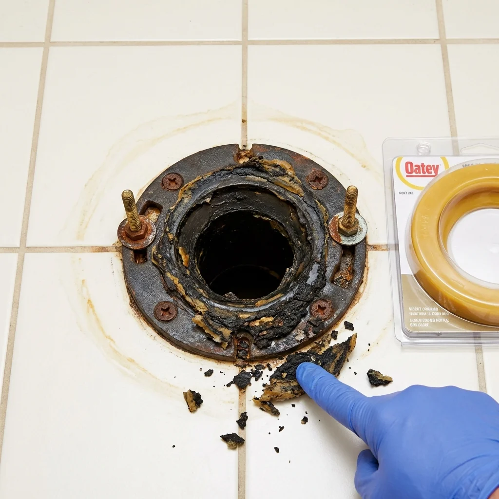 Failed wax ring showing water seepage at the base of a toilet in a Lafayette, OR home